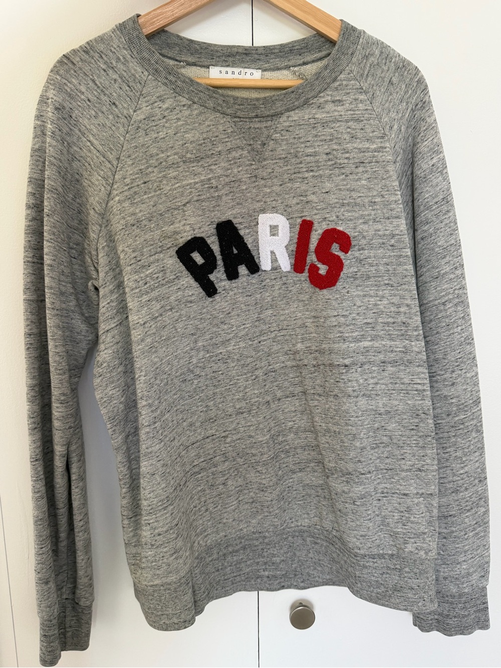 Sandro Gray 'PARIS' Appliqué Sweatshirt with Black, White & Red Lettering